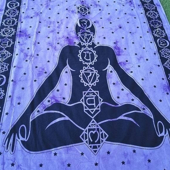 Boho Bed Cover Wall Tapestry Purple black Seven Chakras Indian Block Print - Picture 5 of 5